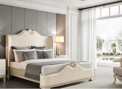 Bed 2x Nightstands 3-piece Bedroom Beige Designer Luxury Furniture Beds Wood