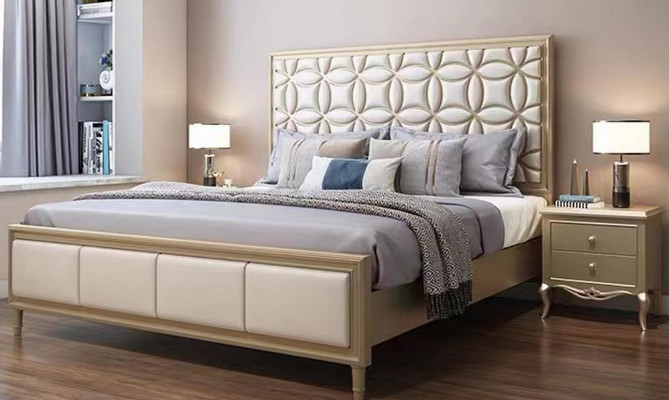 Bed Beds Double bed Bedroom Faux leather Upholstery Beige Double beds New