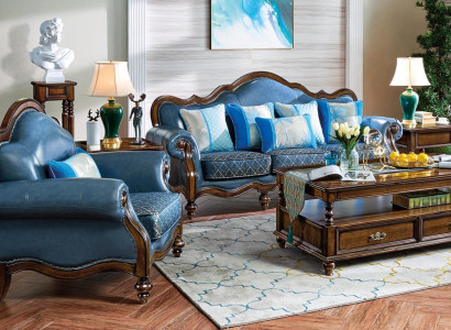 Blue Baroque Rococo Chesterfield Sofa Set 3+1 Seating Suite