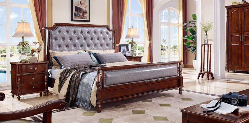 Bedroom bed, bedside table, wood group double design set 3-piece.