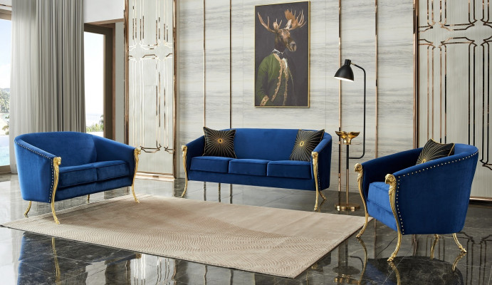 Luxury Upholstered Armchair 3+2+1 Seat Blue Golden Legs Seat Cushion New