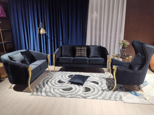 Luxurious upholstered armchair set 3+2+1 seater black velvet gold legs