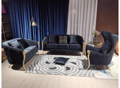 Luxurious upholstered armchair set 3+2+1 seater black velvet gold legs
