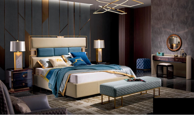 Bed, nightstand, dressing table, 6-piece bedroom design modern luxury