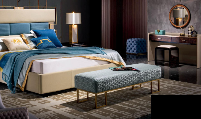Bed, nightstand, dressing table, 6-piece bedroom design modern luxury