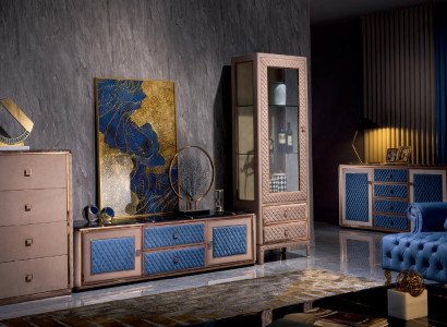 Living room wall unit set with display cabinet, wall shelf, sideboard, decorative glass display cases