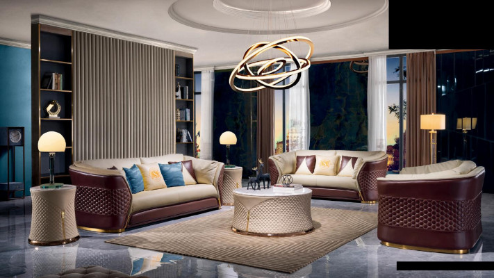 Beige-brown leather sofa suite 3+2 seater set upholstery sofas 2-piece set.