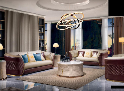 Beige-brown leather sofa suite 3+2 seater set upholstery sofas 2-piece set.