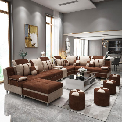 Brown U-shaped sofa upholstery for relaxing in the living room, soft cushions