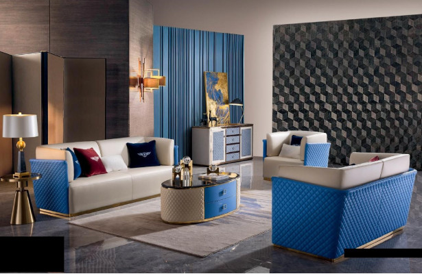 Blue-beige leather sofas design living room suite 3+2 set 2 pieces.
