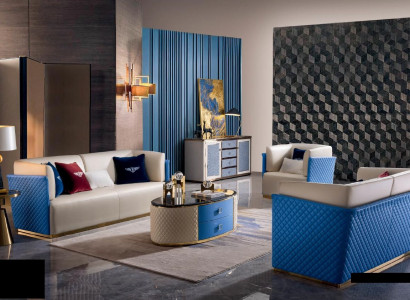 Blue-beige leather sofas design living room suite 3+2 set 2 pieces.