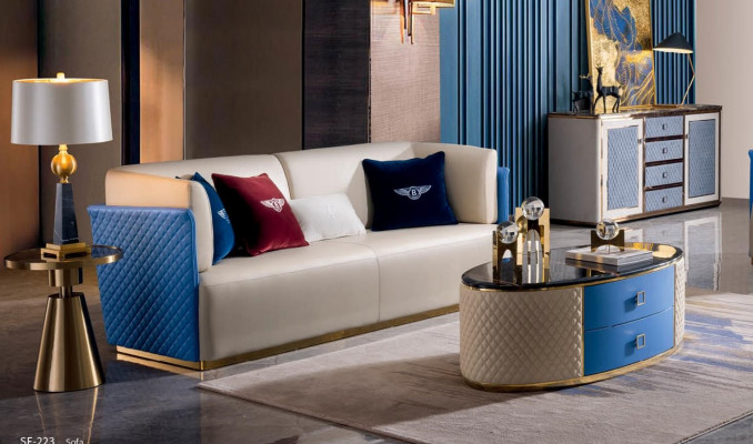 Blue-beige leather sofas design living room suite 3+2 set 2 pieces.