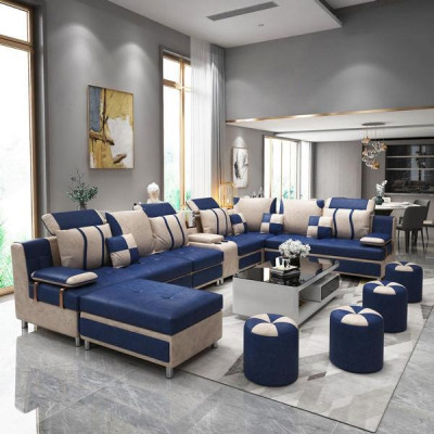 Brown U-shaped sofa upholstery for relaxing in the living room, soft cushions