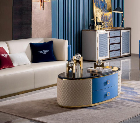 Blue-beige leather sofas design living room suite 3+2 set 2 pieces.