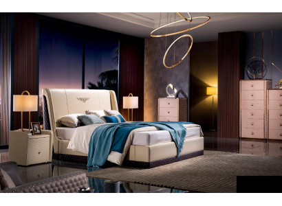 Design bedroom leather bed 3-piece set 2x bedside tables luxury furniture