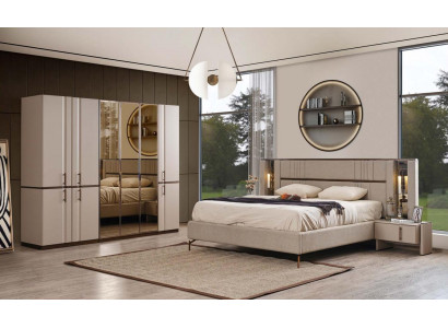 Modern beige double bed, 2 bedside tables, wardrobe, wooden furniture