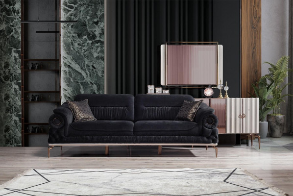 Stylish 3-Seater Living Room Black Luxury Sofa Modern Wood Frame