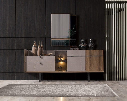 Perfect dining room set designer LED sideboard modern glass mirror 2-piece set