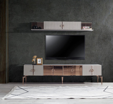 Modern living room ambiance White RTV lowboard Stainless steel shelf 2-piece set