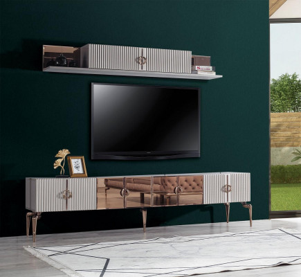 Modern living room ambiance White RTV lowboard Stainless steel shelf 2-piece set