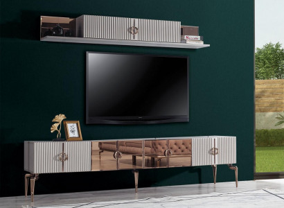 Modern living room ambiance White RTV lowboard Stainless steel shelf 2-piece set