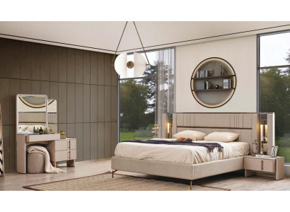 Modern bedroom furniture beige double bed 2x nightstands dressing table