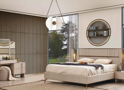 Modern bedroom furniture beige double bed 2x nightstands dressing table