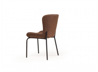 Brown leather chair, designer chair without armrests, dining room ambiance, new