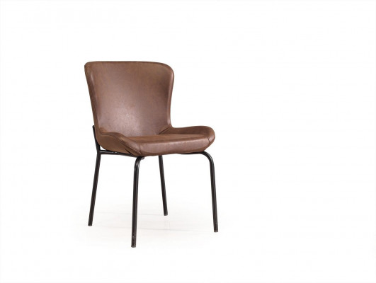 Brown leather chair, designer chair without armrests, dining room ambiance, new