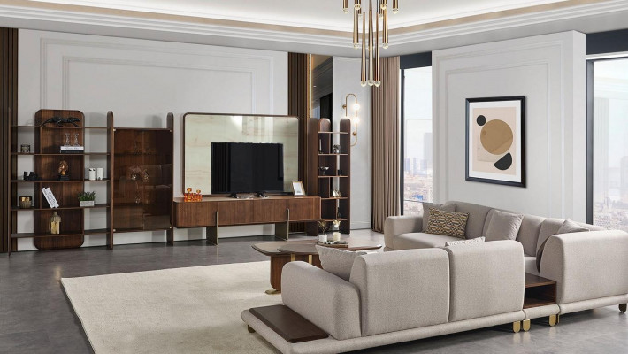 Stylish living room set consists of wall unit, coffee table, and side table.