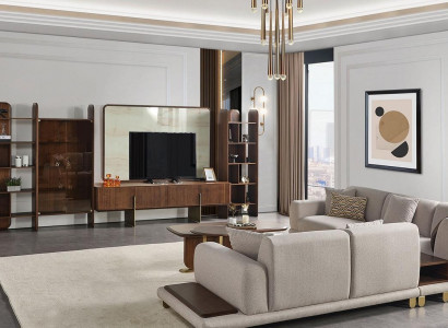 Stylish living room set consists of wall unit, coffee table, and side table.