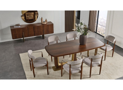 Modern dining room set consists of dining table, 6x chairs, mirror, sideboard.