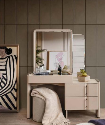 Beige Designer Vanity Table Bedroom Mirror Exclusive 2-piece Set