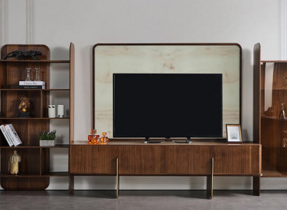 Modern living room set, 4-piece: bookcase, TV lowboard, TV frame, display cabinet