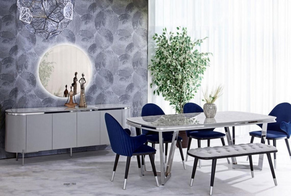 Dining room set consists of dining table, 4x chairs, mirror, sideboard, bench, 8 pieces.