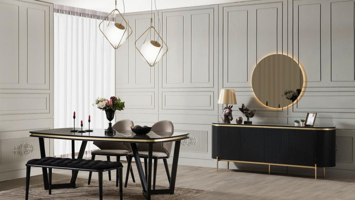 Modern 8-piece dining room set dining table 4x chairs sideboard mirror bench new