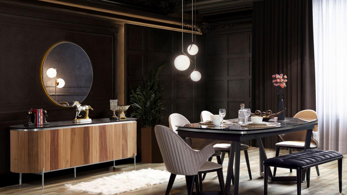 Stylish 8-piece dining room set dining table 4x chairs sideboard mirror bench new