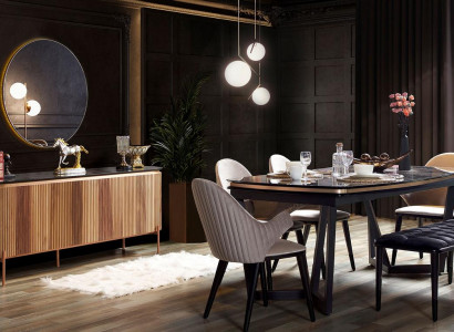 Luxurious dining room set consists of a dining table, 4x chairs, and a sideboard, 7-piece set.