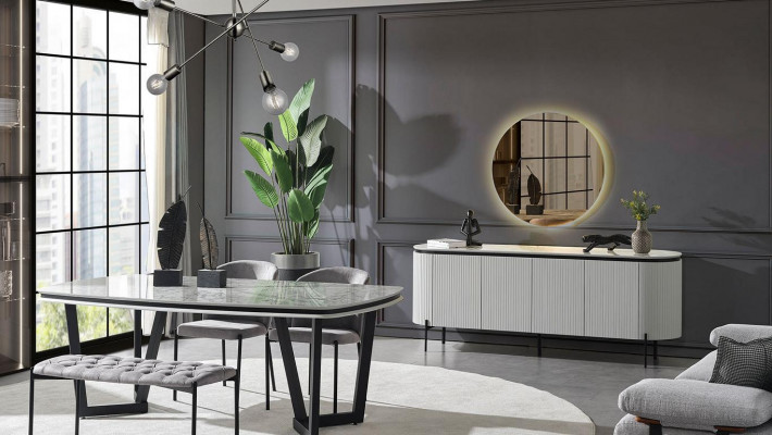 Modern dining room set consists of dining table, 4 chairs, and sideboard mirror.