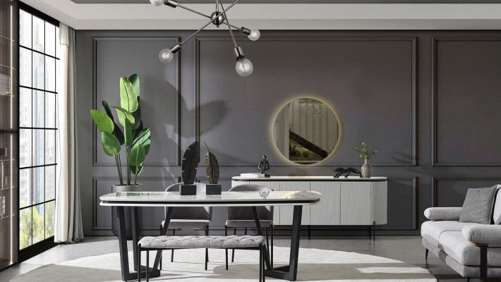 Modern dining room set consists of dining table, 4 chairs, and sideboard mirror.
