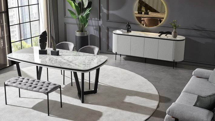 Modern dining room set consists of dining table, 4 chairs, and sideboard mirror.