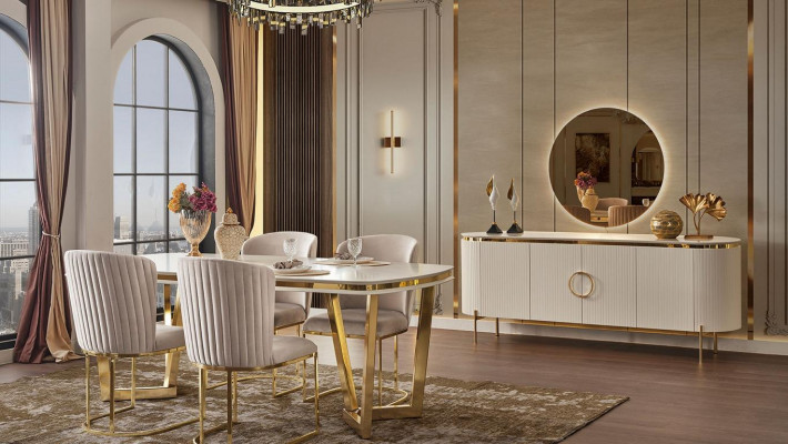 Dining room set consists of a designer dining table, 4 chairs, and sideboard, 7-piece.