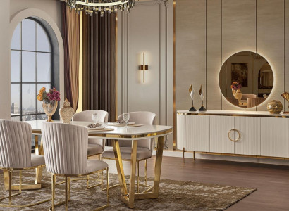 Dining room set consists of a designer dining table, 4 chairs, and sideboard, 7-piece.