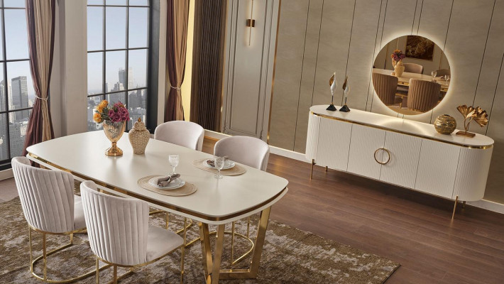 Dining room set consists of a designer dining table, 4 chairs, and sideboard, 7-piece.