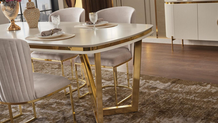Dining room set consists of a designer dining table, 4 chairs, and sideboard, 7-piece.
