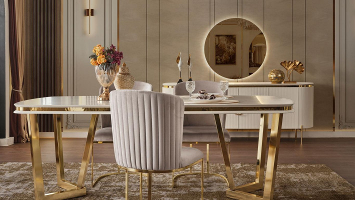 Dining room set consists of a designer dining table, 4 chairs, and sideboard, 7-piece.