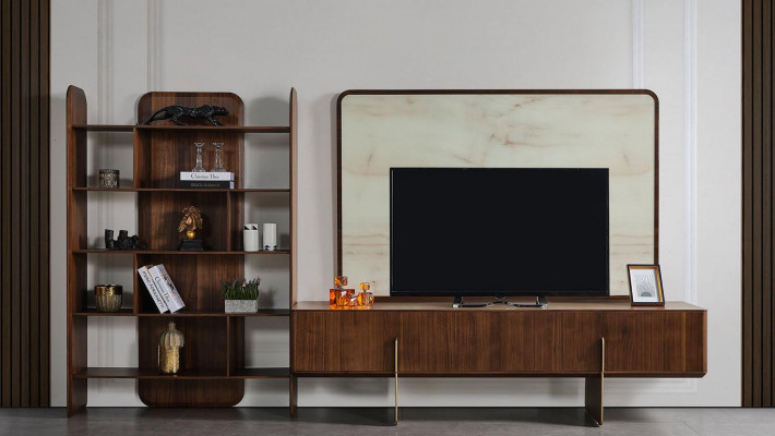 Living room set consists of bookcase, TV lowboard, and TV frame, 3-piece set