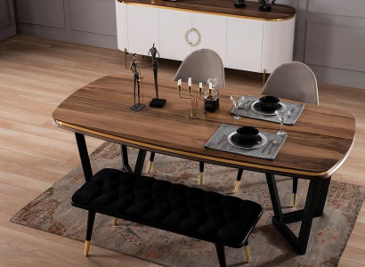 Dining room set consists of dining table + 4 chairs and bench, 6 pieces in brown color.