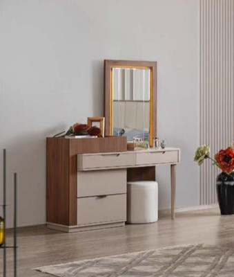 Beige-Brown Bedroom Dresser Designer Vanity Table with Mirror 2-Piece Set