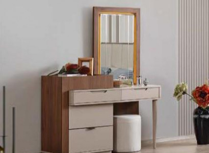 Beige-Brown Bedroom Dresser Designer Vanity Table with Mirror 2-Piece Set